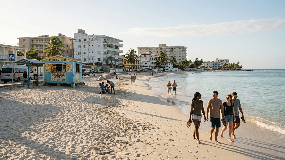Late afternoon view of a budget-friendly Caribbean beach with diverse travelers. 