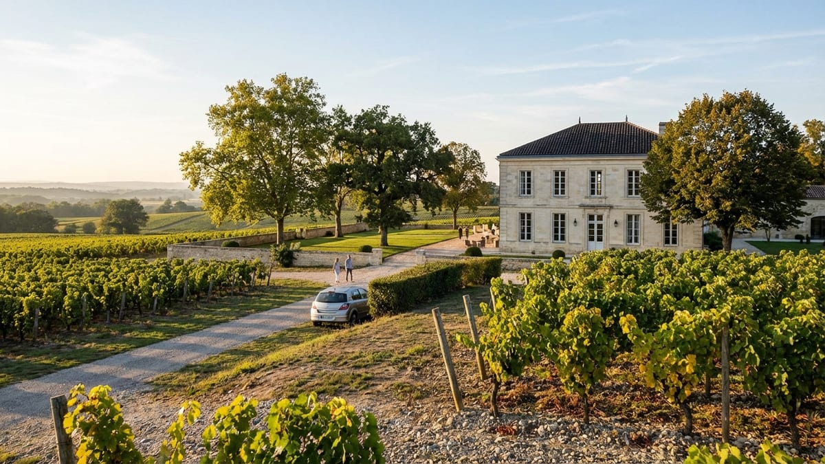 Late afternoon view of Château Fage amidst vineyards in autumn.