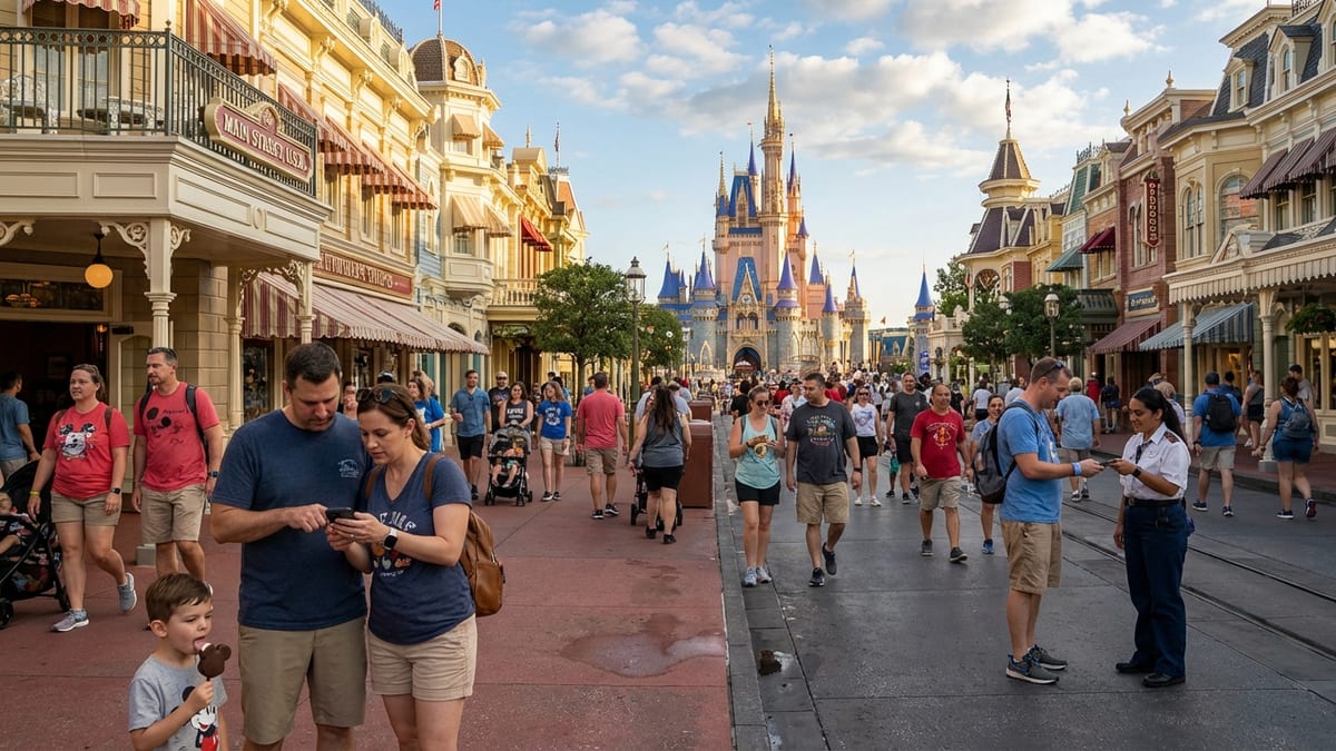 Late-afternoon view of Cinderella Castle from Main Street, Walt Disney World. 