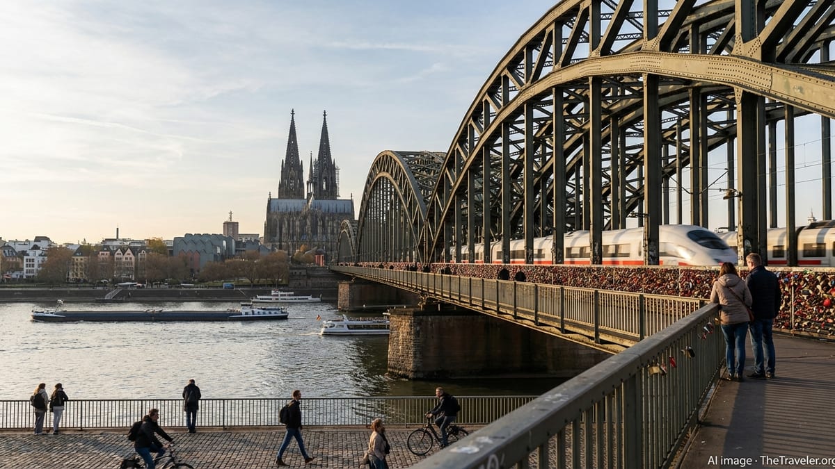 Late afternoon view of Cologne's Hohenzollern Bridge and Cathedral from Deutz bank.