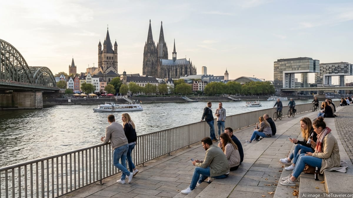 Late-afternoon view of Cologne's skyline from Rhine Boulevard with locals relaxing.