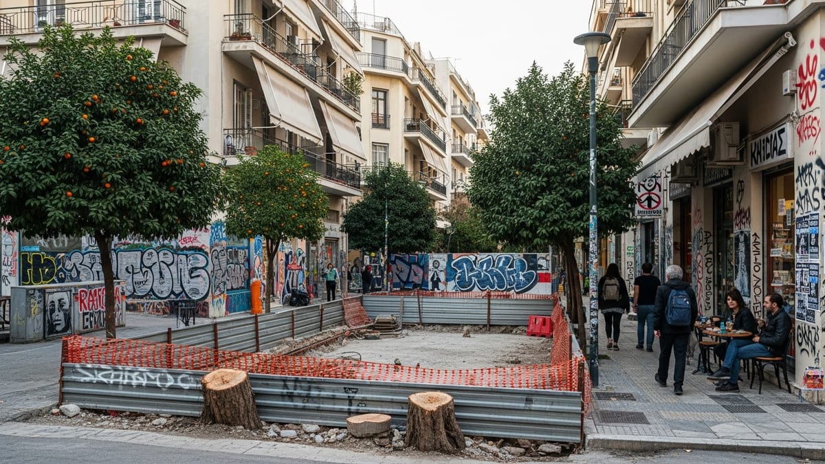 Late afternoon construction scene in Exarchia neighborhood, Athens.