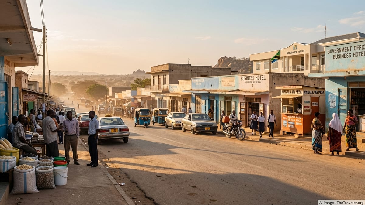 Late afternoon street scene in Dodoma, Tanzania with locals and modest buildings.