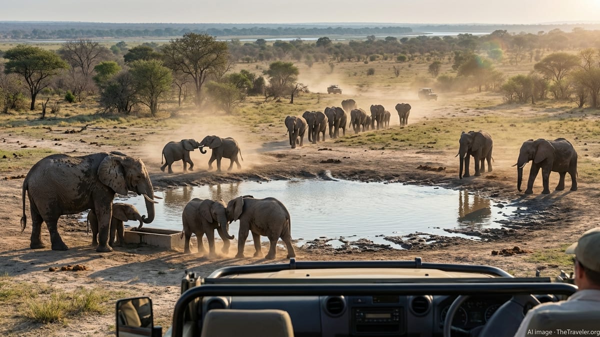 Late afternoon safari scene with elephants gathered around a waterhole in Hwange National Park, Southern Africa.