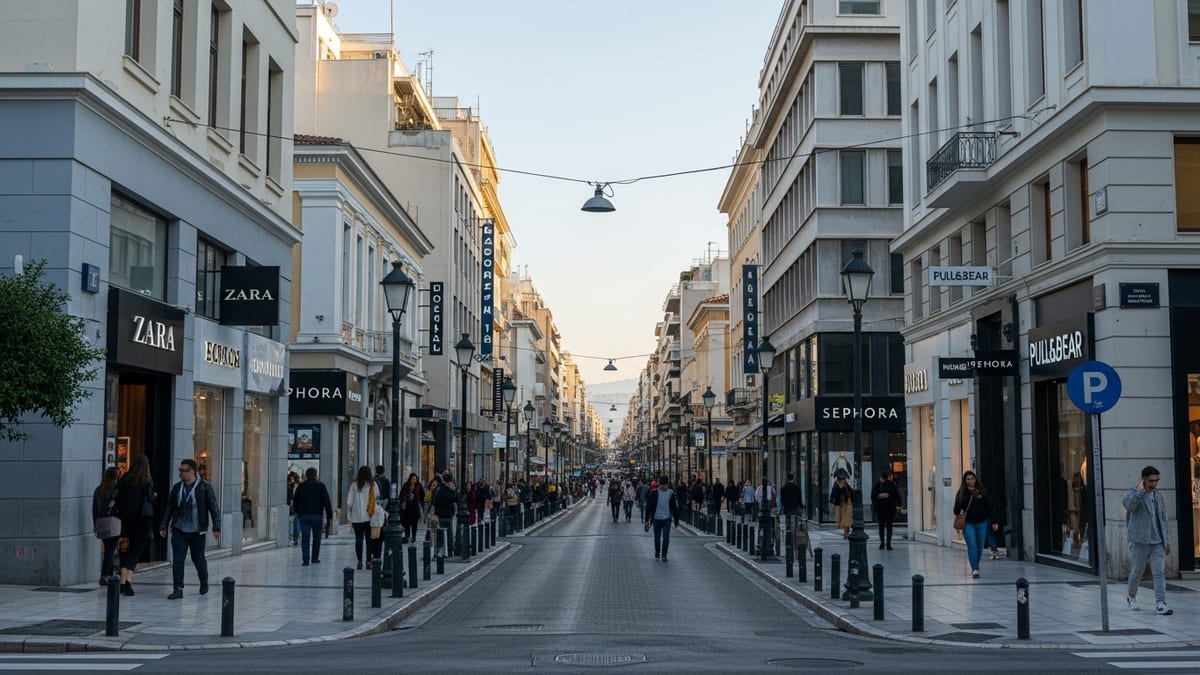 Late-afternoon view of a busy Ermou Street in Athens