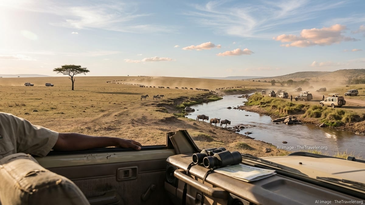 Late-afternoon safari scene on Tanzania-Kenya border featuring Great Migration.