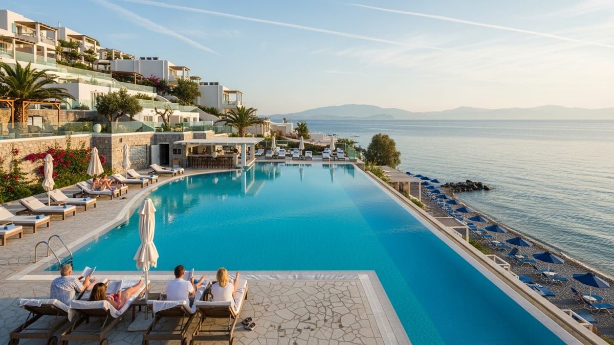 Michelangelo Resort's infinity pool blending into the Aegean Sea, Kos Island, Greece
