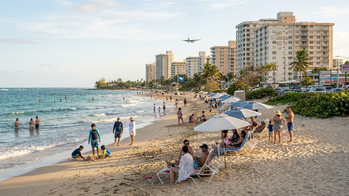 Late afternoon at Isla Verde Beach, Carolina, Puerto Rico, showing locals and tourists enjoying the urban beachfront. 