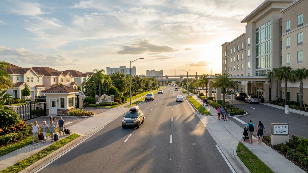 Late afternoon view of modern hotels and vacation rentals in Kissimmee, Florida. 