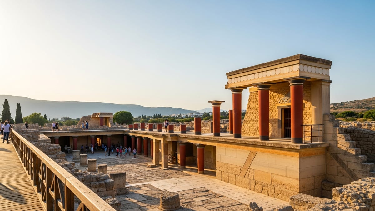 Late afternoon view of the Palace of Knossos ruins in Crete. 