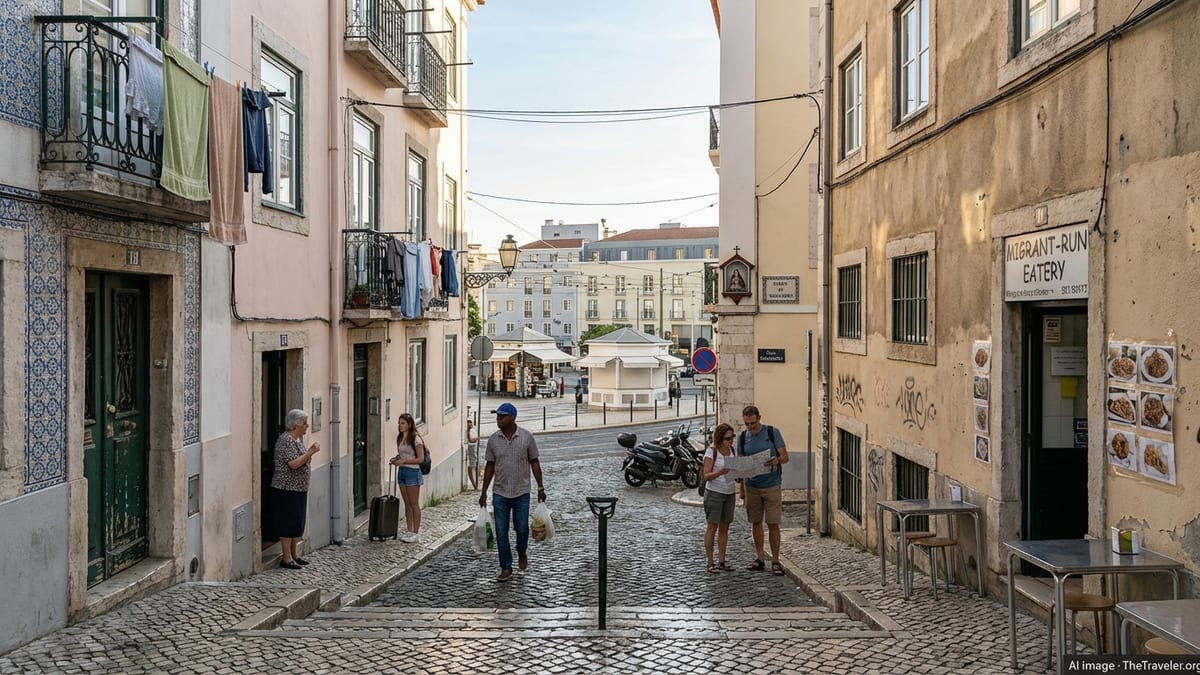 Late-afternoon view of Lisbon's Mouraria neighborhood, highlighting its multicultural, lived-in character.