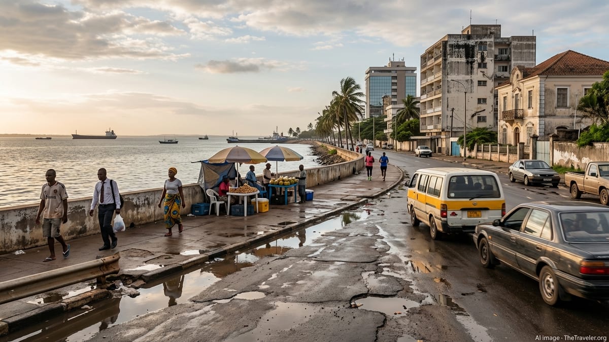 Late afternoon in Maputo, Mozambique; a lively street scene with pedestrians, traffic, vendors and the bay in view.