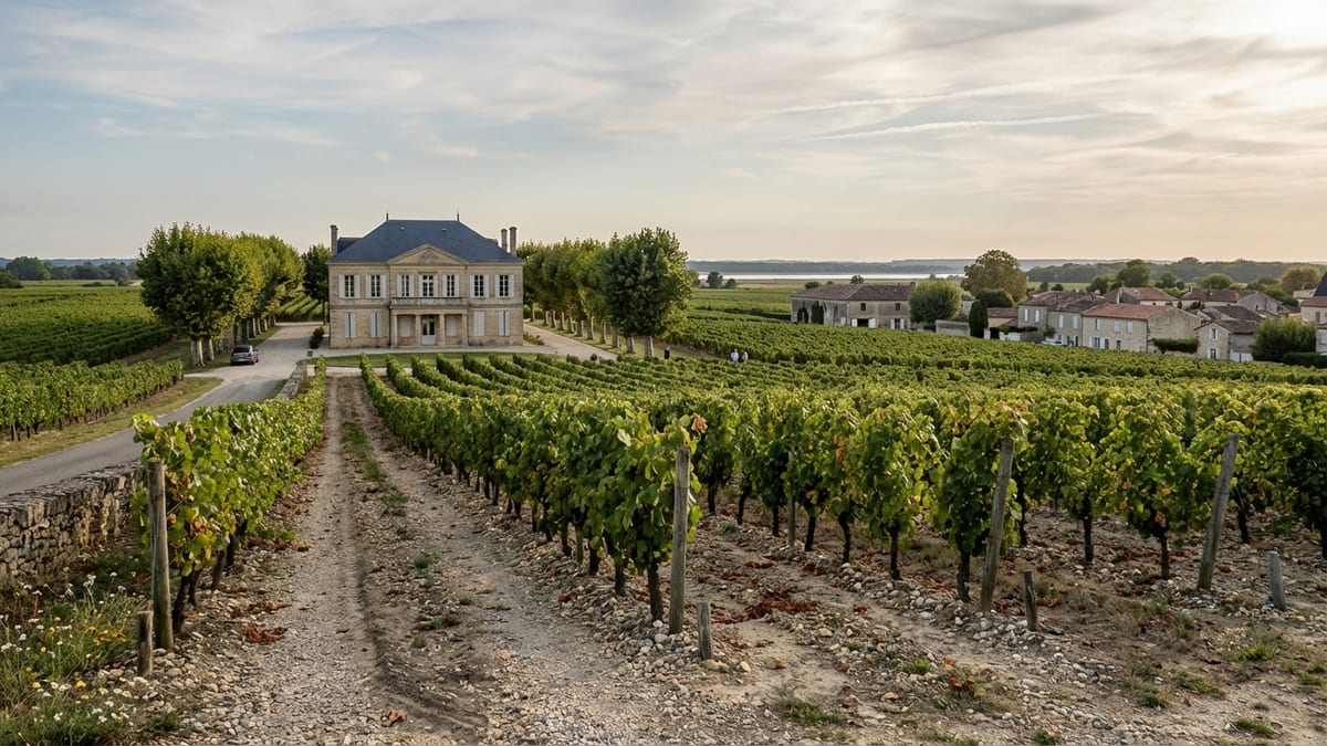 Late afternoon view of Margaux vineyard with neoclassical château in Bordeaux.