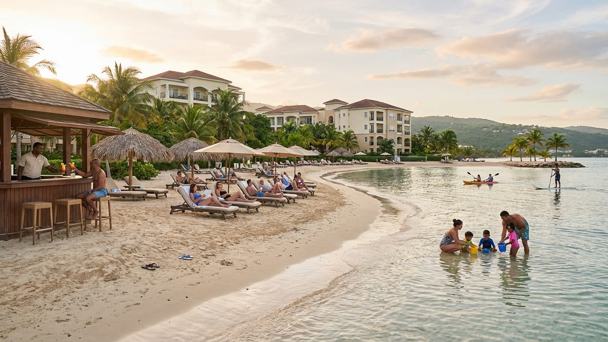 Late afternoon view of an all-inclusive beachfront resort in Montego Bay, Jamaica.