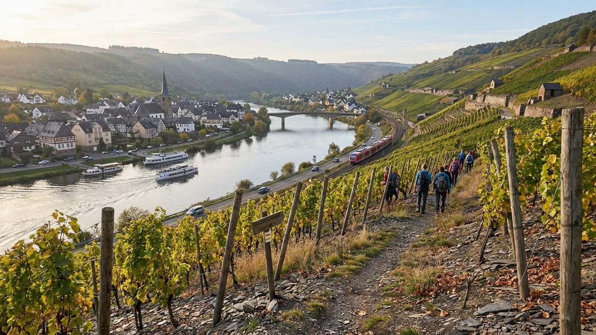 Late afternoon view of Moselle Valley vineyard with river and village below. 