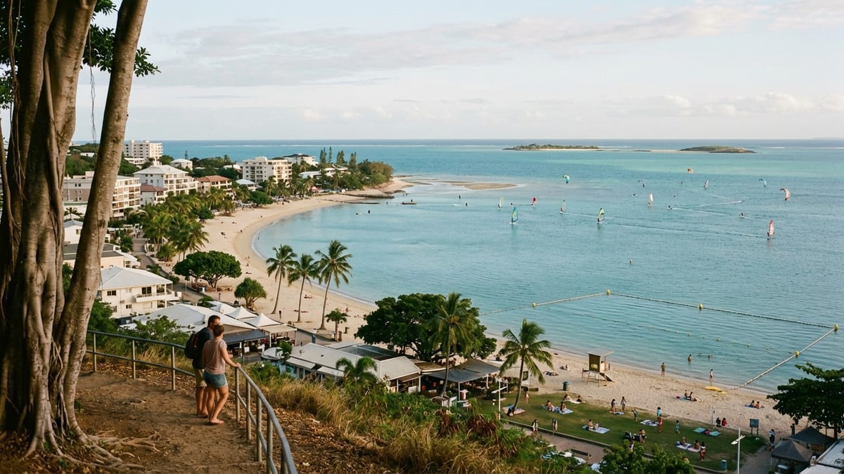 Late afternoon view of Nouméa’s coastline with bays, lagoon and urban beach scene. 