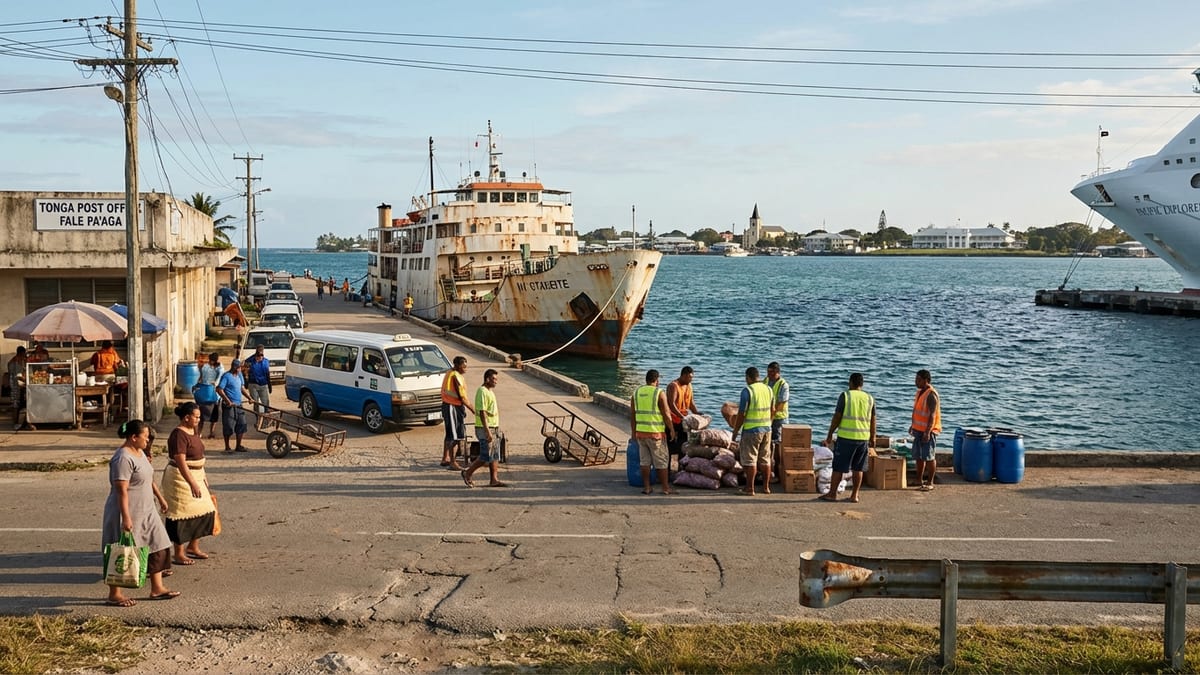 Late afternoon at Nukuʻalofa's working waterfront with locals and tourists.