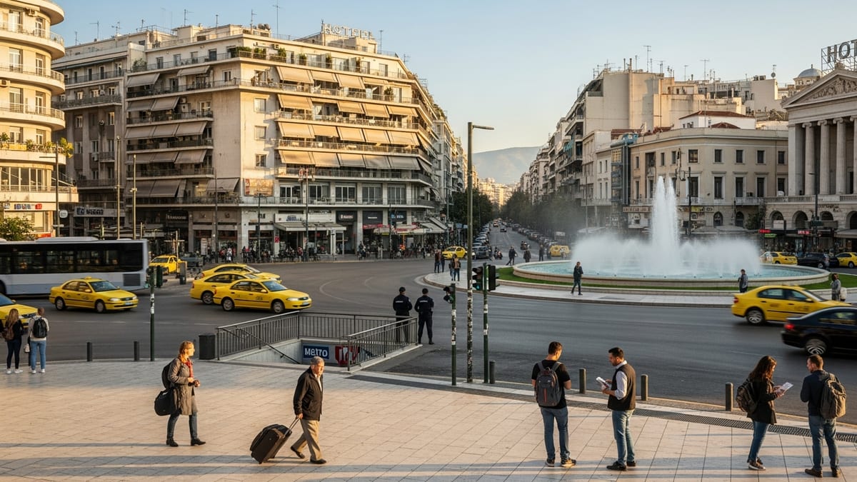 Late afternoon view of Omonia Square in Athens with pedestrians and fountain. 