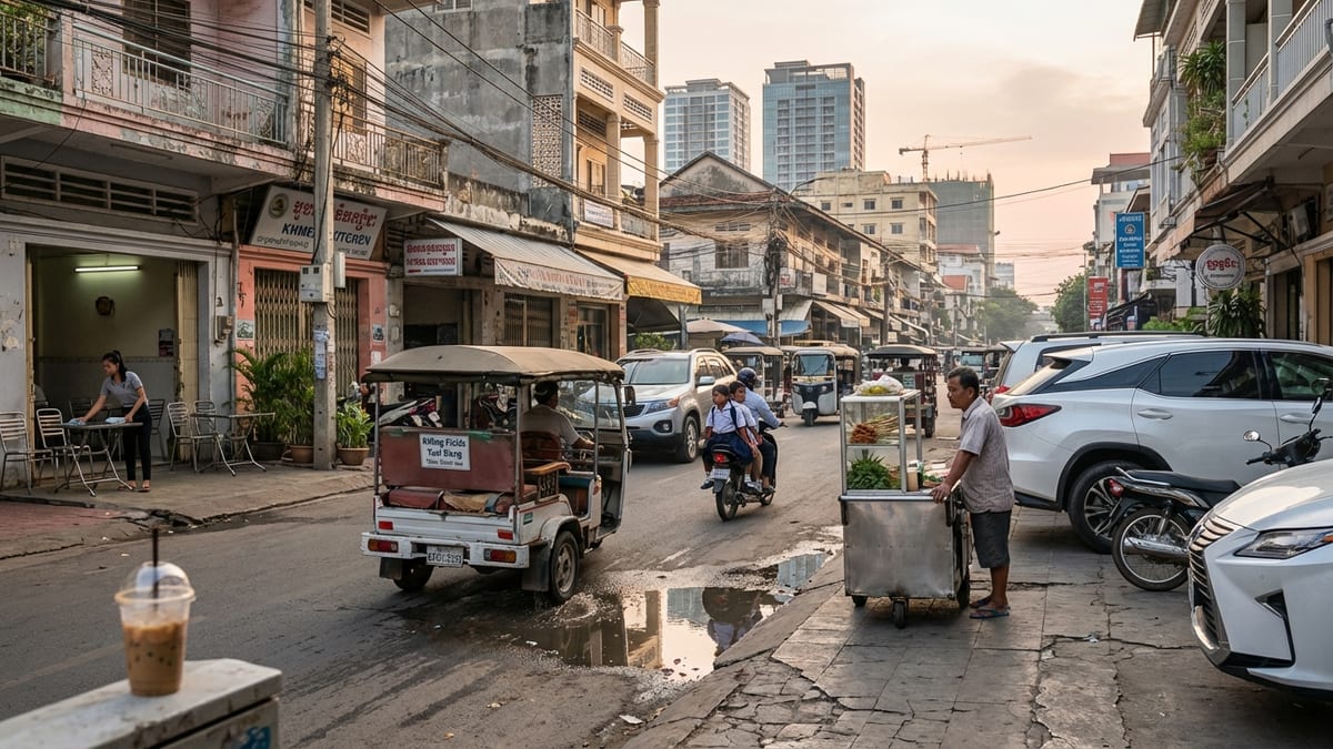 Late afternoon street scene in central Phnom Penh, Cambodia.
