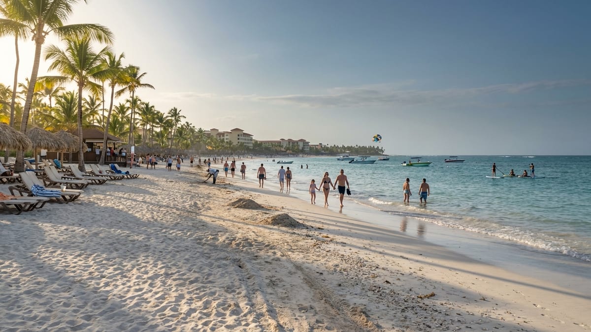 Late afternoon view of a bustling beach in Punta Cana, Dominican Republic.