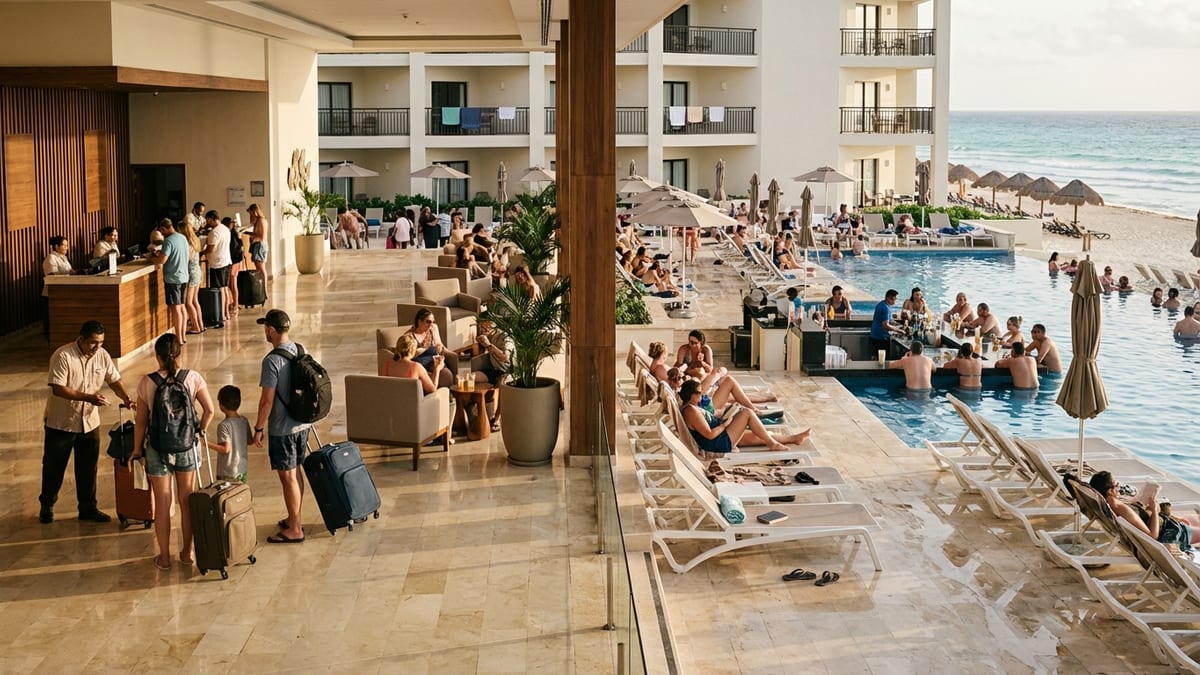 Late afternoon view of a bustling all-inclusive resort's lobby, pool, and ocean.