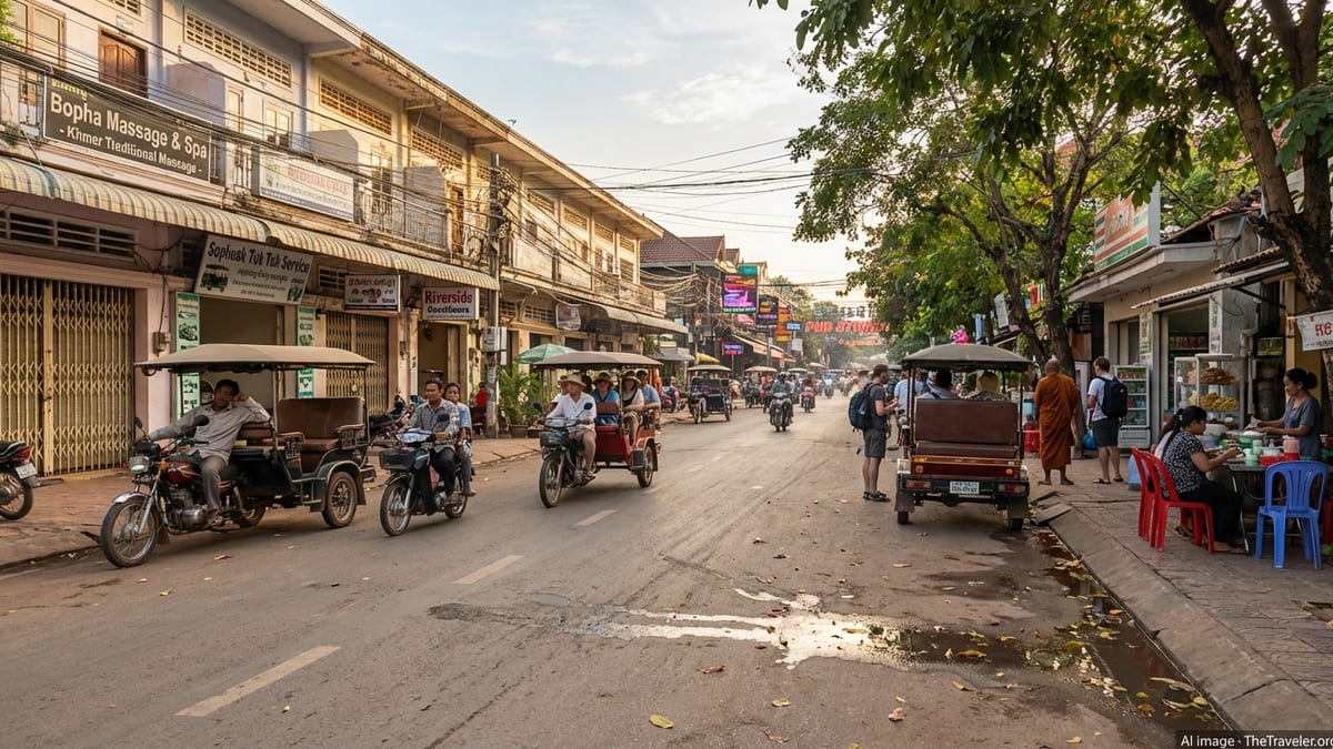 Late afternoon street view in central Siem Reap, Cambodia, contrasting tourist area with residential neighborhoods.