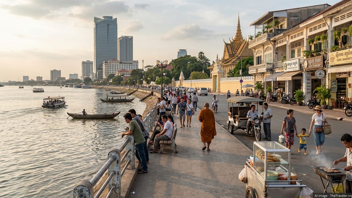Late afternoon at Phnom Penh's Sisowath Quay riverfront with bustling city life.