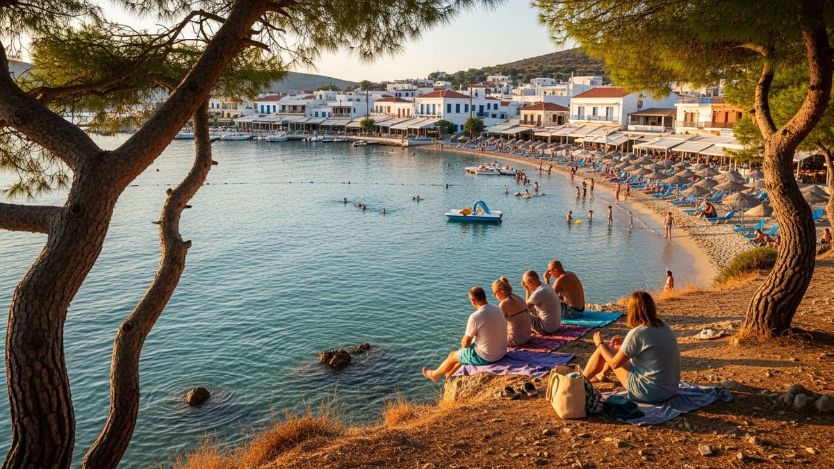 Late afternoon view of Skala's shallow bay and village in Agistri, Greece.