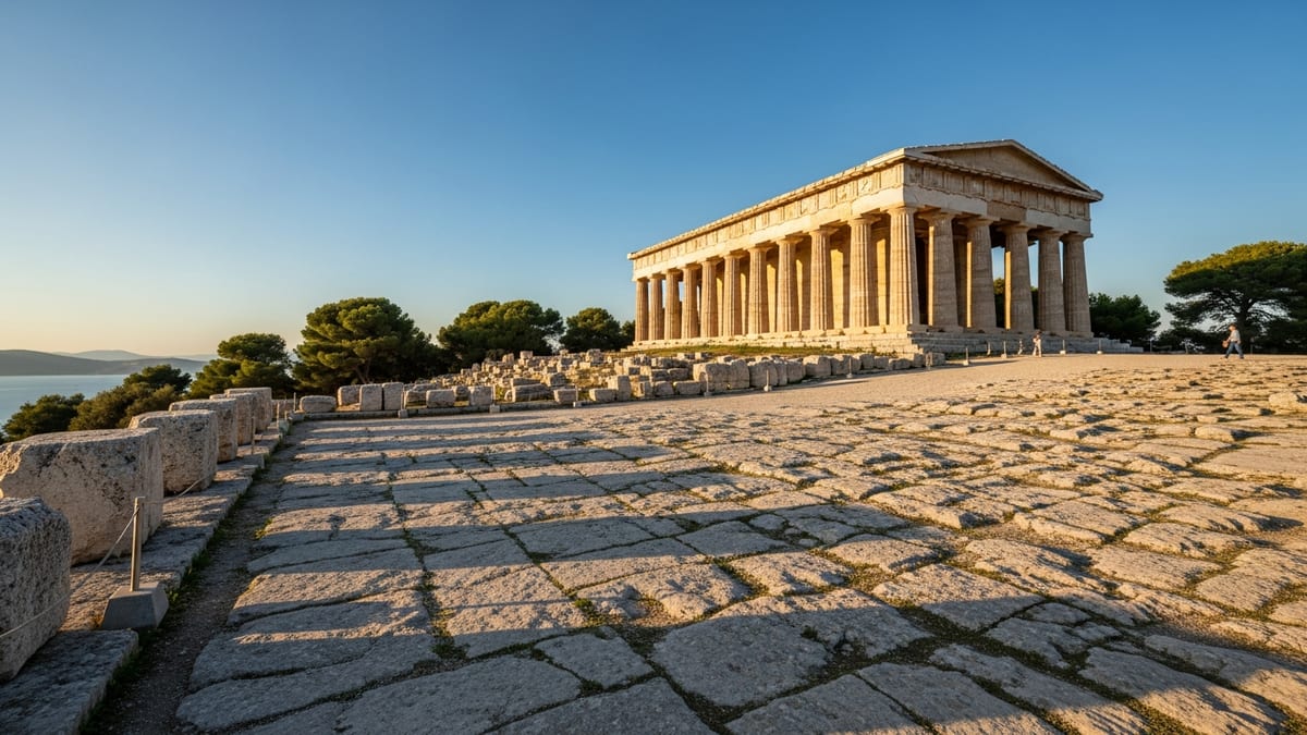 Late afternoon view of the Temple of Aphaia on Aegina, Greece.