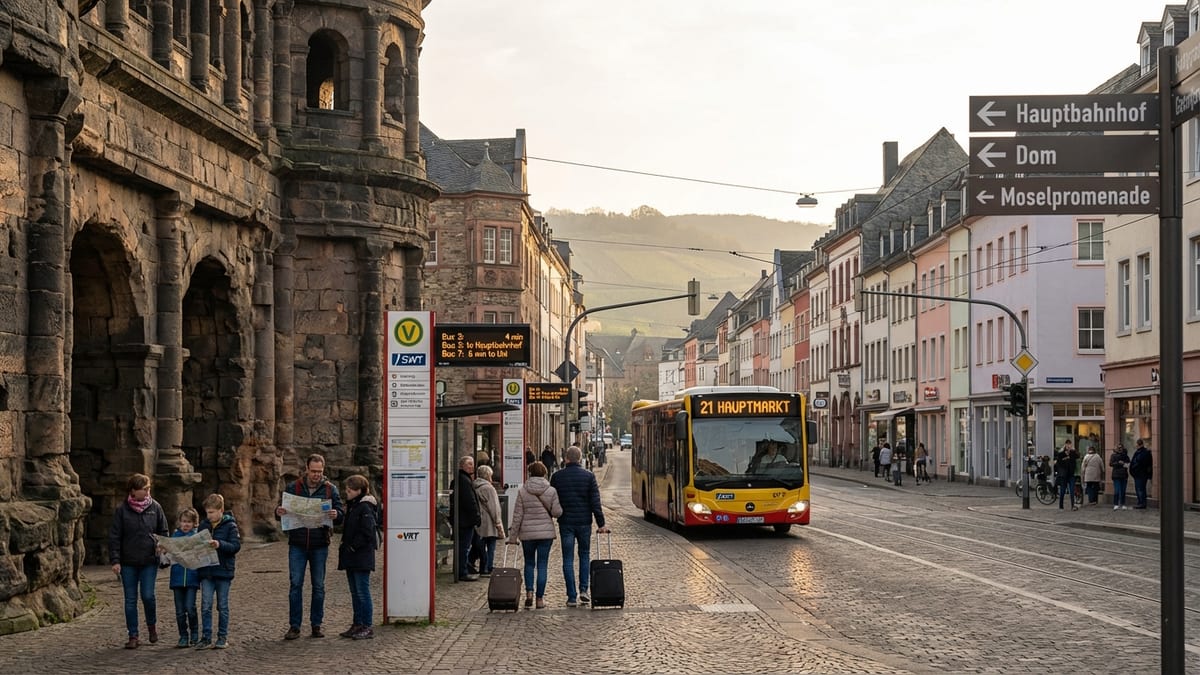 Late afternoon view of pedestrian street in Trier, Germany with Porta Nigra gate and city bus.