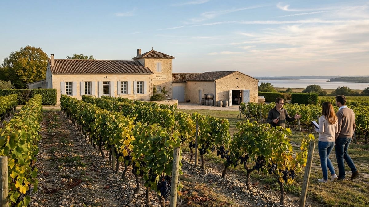 Late afternoon at Château Tour de Marbuzet, with ripening vines and visitors touring.