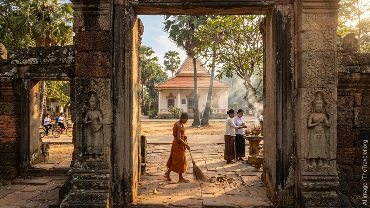 Late afternoon at Wat Nokor, Cambodia, with monks and locals in the monastery courtyard.