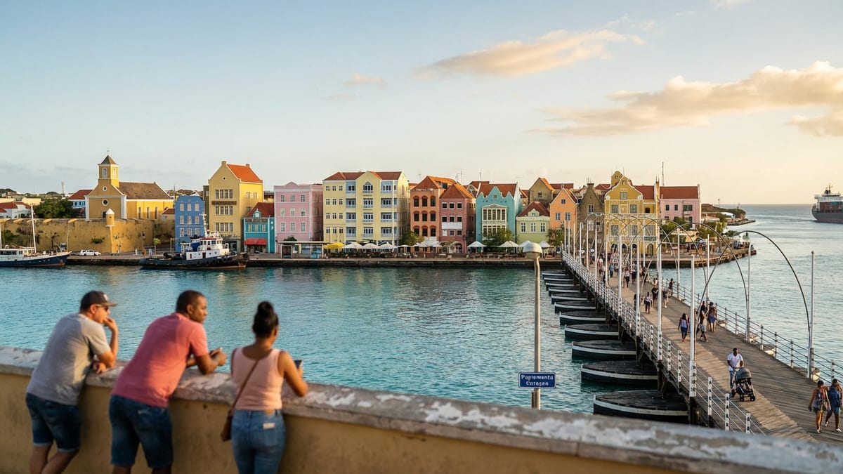 Late afternoon view of Willemstad's historic waterfront, Curaçao, with local life and architecture.