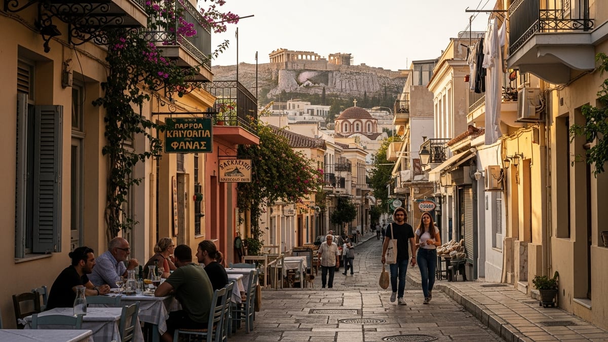 Late golden hour view of a bustling pedestrian lane in central Athens. 