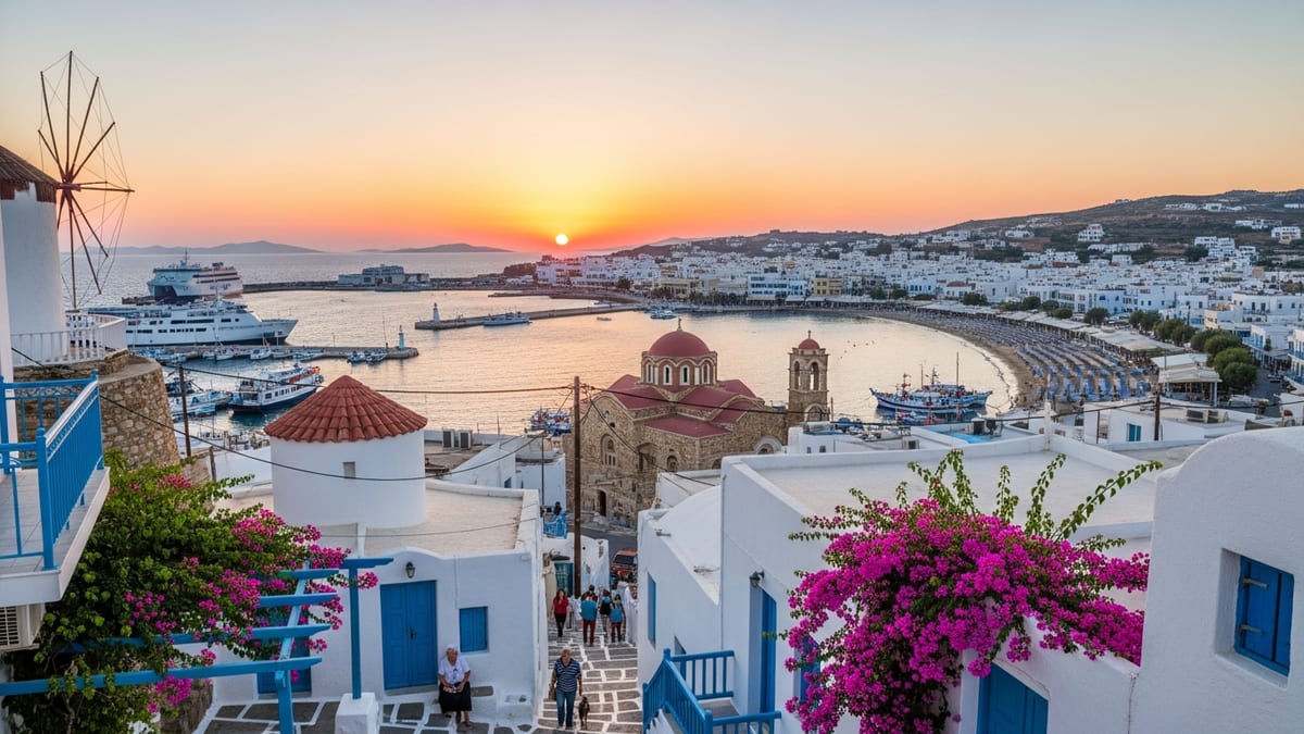 Late-summer sunset over Parikia, Paros, showcasing the whitewashed old town, compact harborfront, and Livadia Beach.