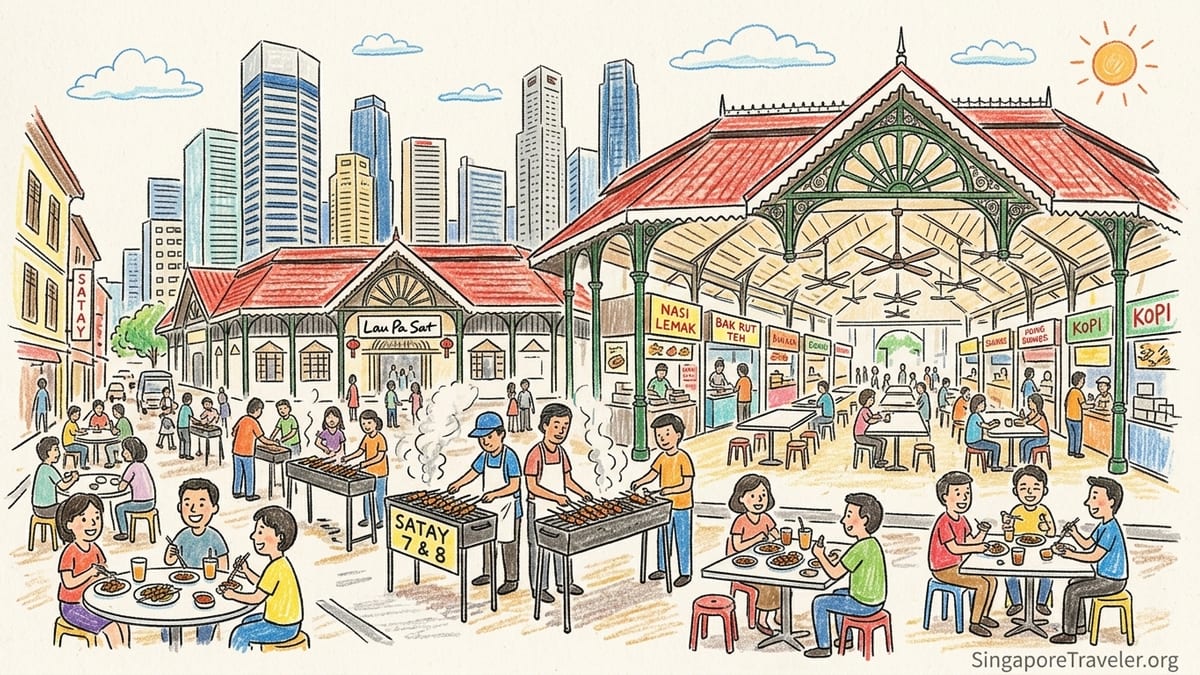 Evening satay stalls on Boon Tat Street beside Lau Pa Sat with diners and CBD towers in the background.