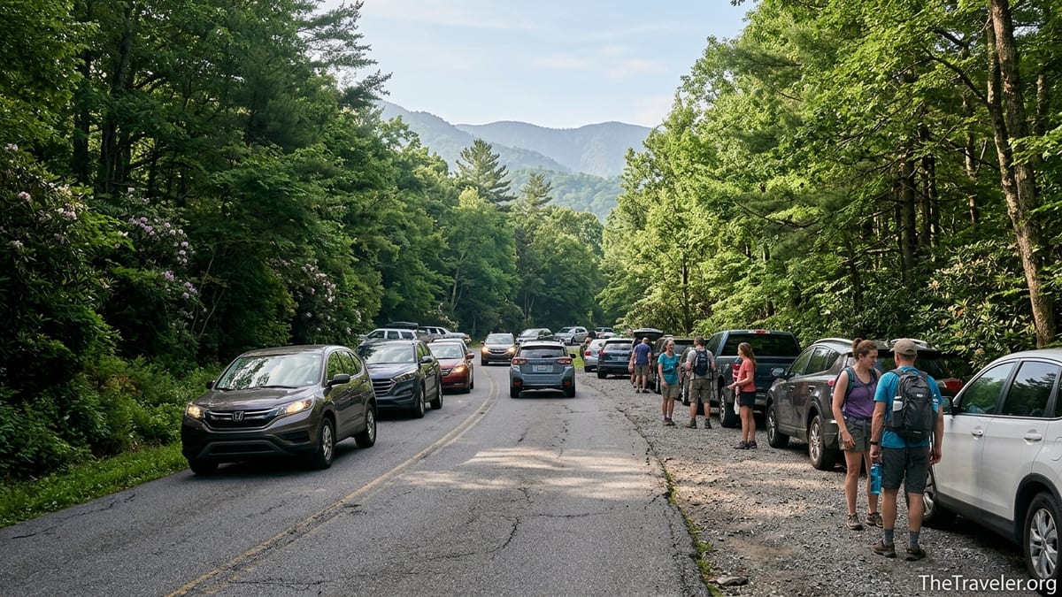Busy parking area near Laurel Falls trailhead in Great Smoky Mountains on a summer morning.