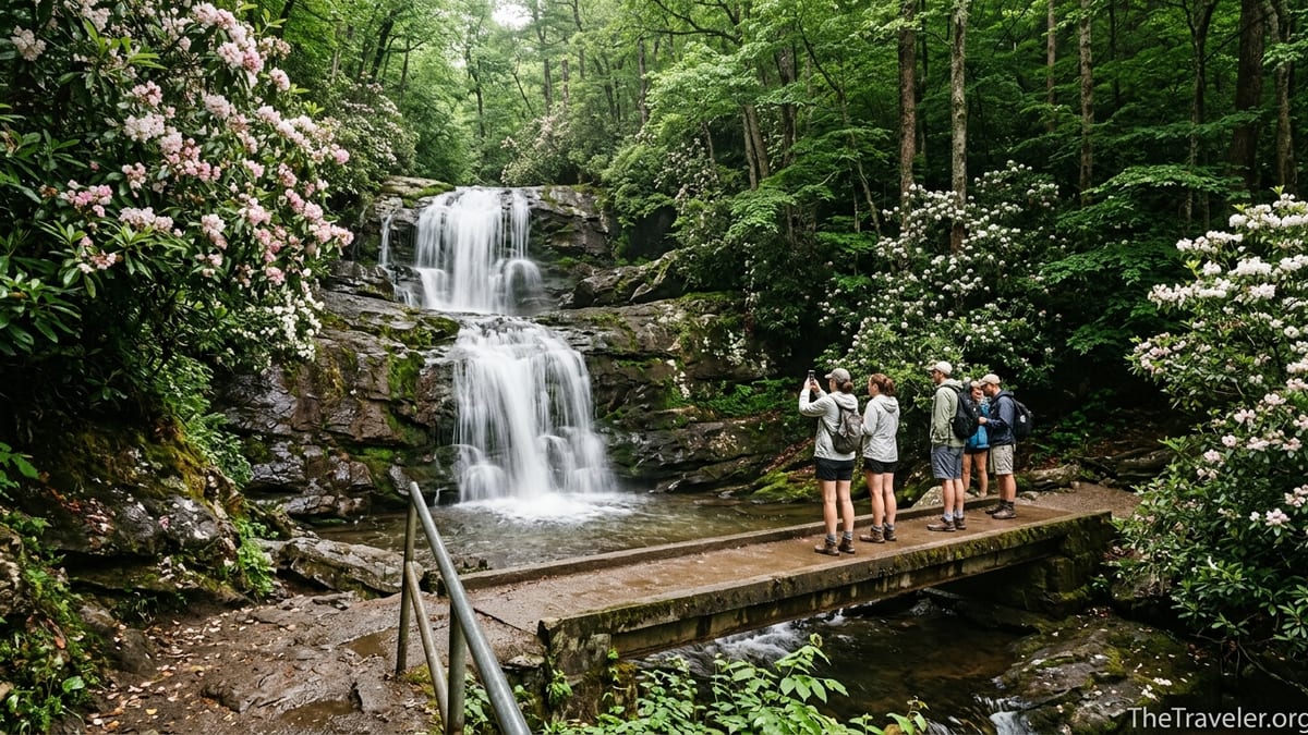 Day hikers on the Laurel Falls Trail crossing the bridge below the waterfall in Great Smoky Mountains National Park.