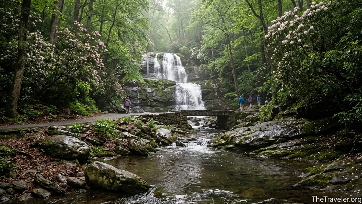Laurel Falls cascading through green forest in Great Smoky Mountains National Park.