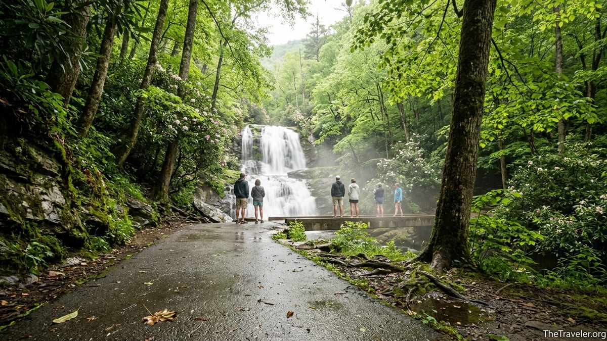 Hikers on the paved Laurel Falls Trail approaching the two-tier waterfall in Great Smoky Mountains National Park.