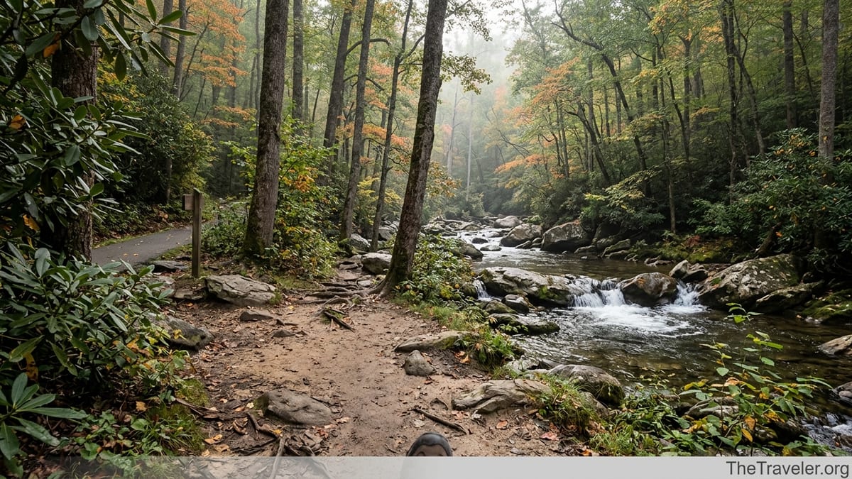 Forest trail beside a clear mountain creek in Great Smoky Mountains National Park on an early autumn morning.