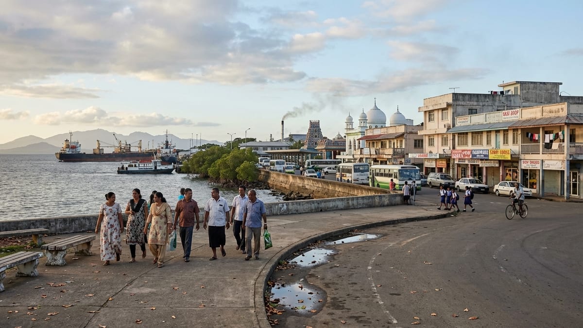 Late afternoon view of Lautoka, Fiji's downtown waterfront and industrial harbor. 