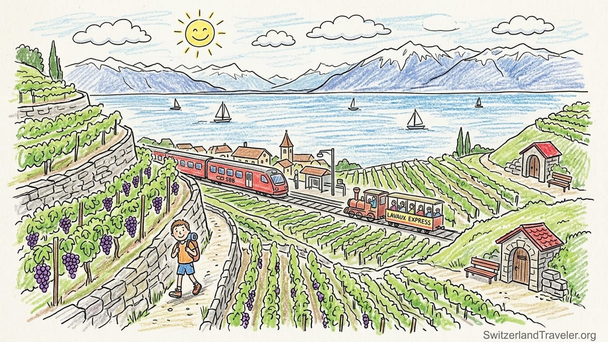 Lavaux vineyard terraces above Lake Geneva with train and Alps in the distance