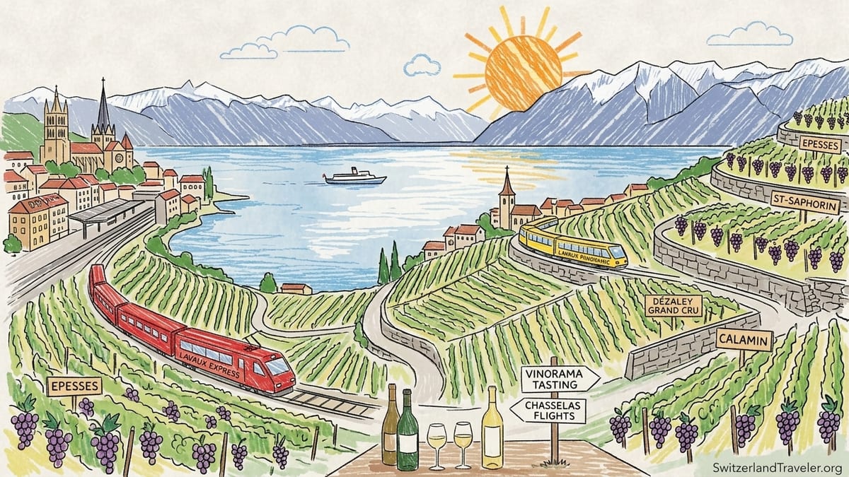 Terraced Lavaux vineyards above Lake Geneva with tourist train and walkers at sunrise.