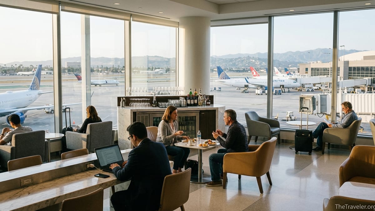 Travelers relaxing in a bright airport lounge at LAX with runway views.