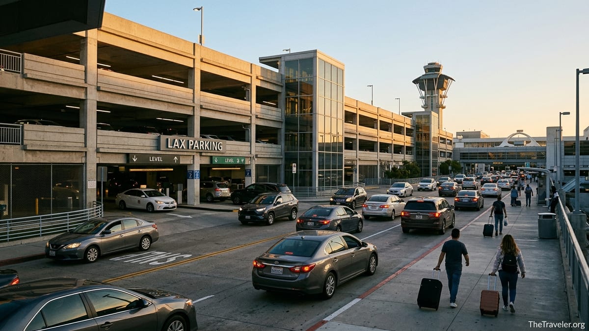 Afternoon view of LAX parking garage entrance with cars and travelers walking toward the terminal.