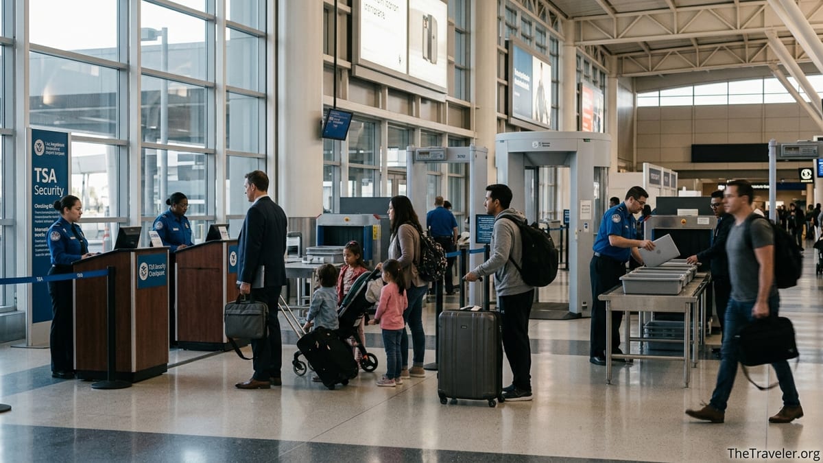 Travelers queue at LAX TSA security checkpoint with officers and X ray machines visible.
