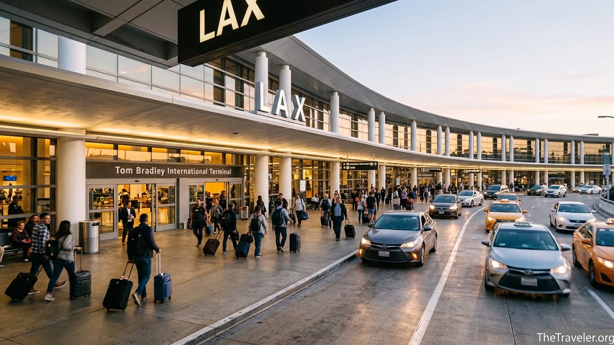 Busy evening departures level at Los Angeles International Airport with travelers and cars in front of glass terminal.