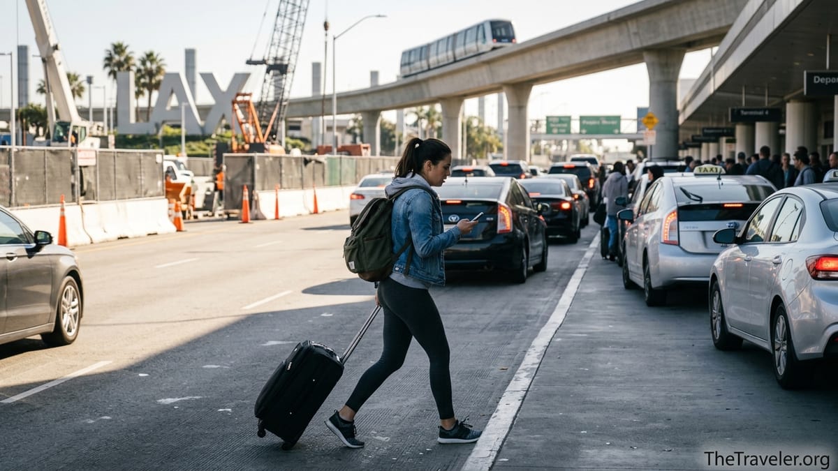 Traveler rushing with luggage at a crowded LAX departures curb amid traffic and construction.