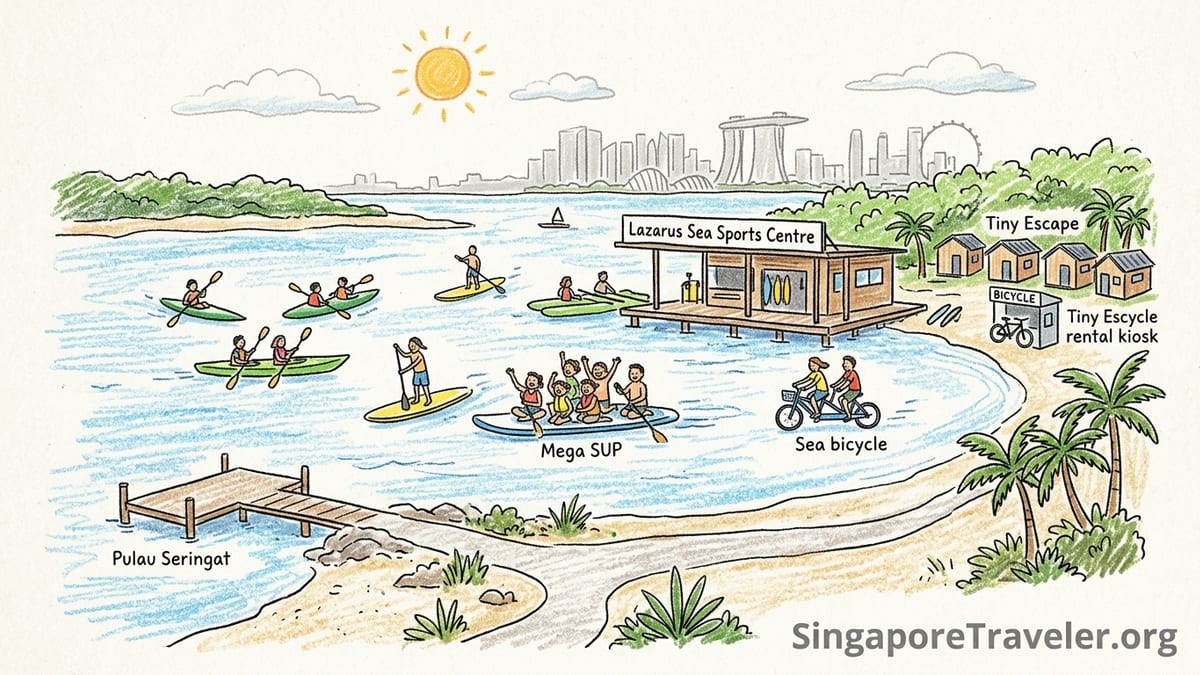 Visitors kayaking, stand up paddling and riding sea bikes in the calm bay off Lazarus Island, Singapore.